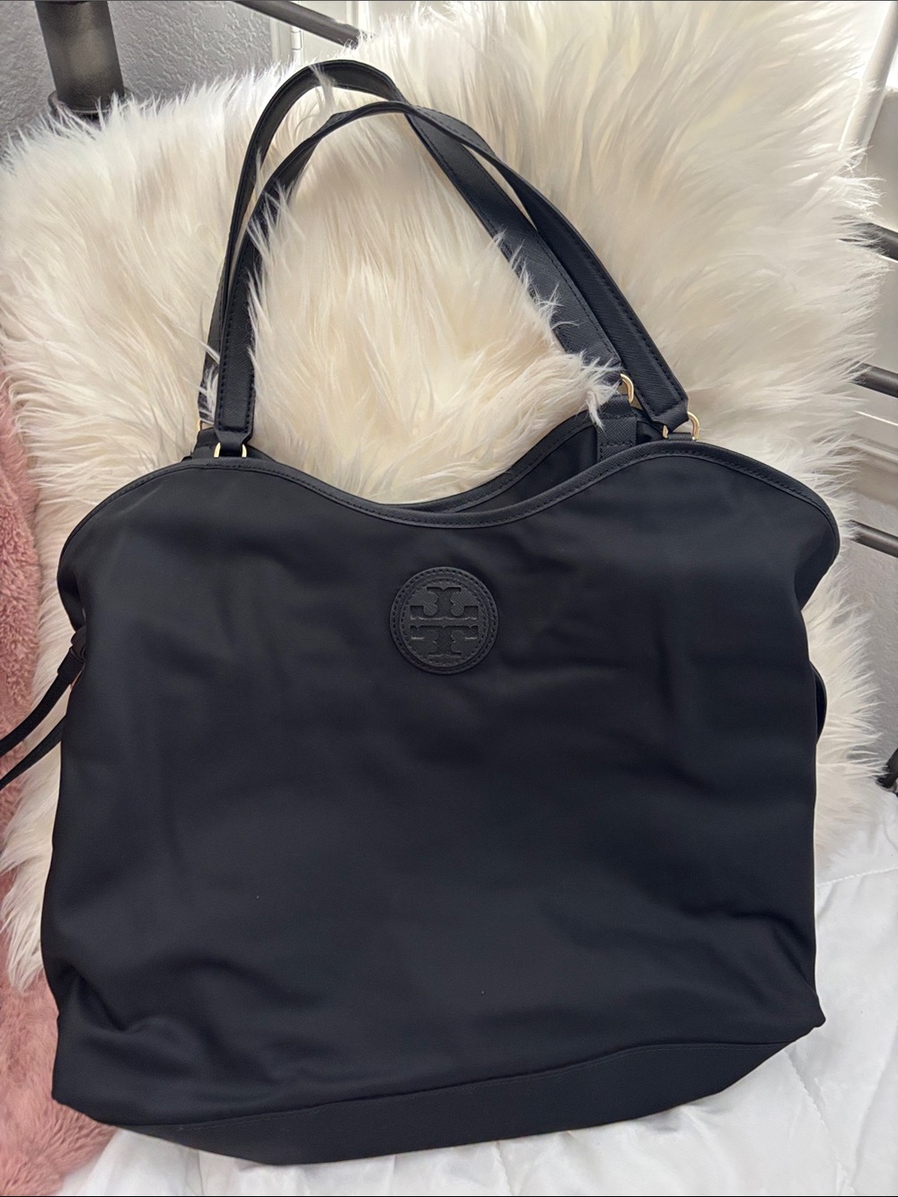 Tory Burch Black Nylon Tote with Logo Medallion